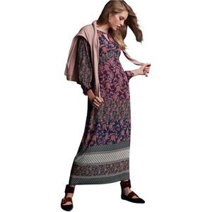 Cabi "Festive" Jewel Tone‎ Floral Patterns Long Sleeve Round Neck Maxi Dress